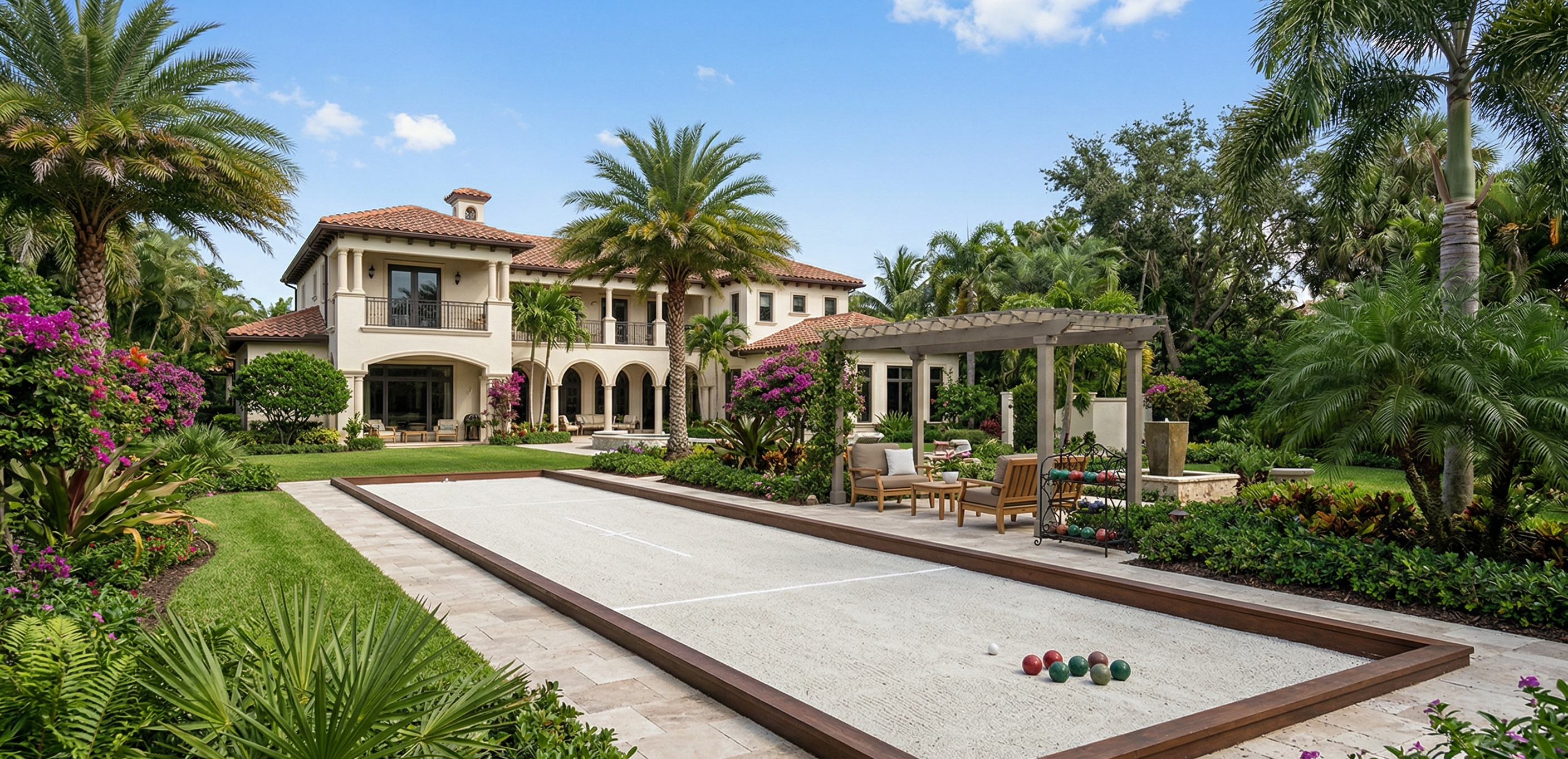 Outdoor sport and recreation zone on Naples estate — integrated design with seating and tropical planting