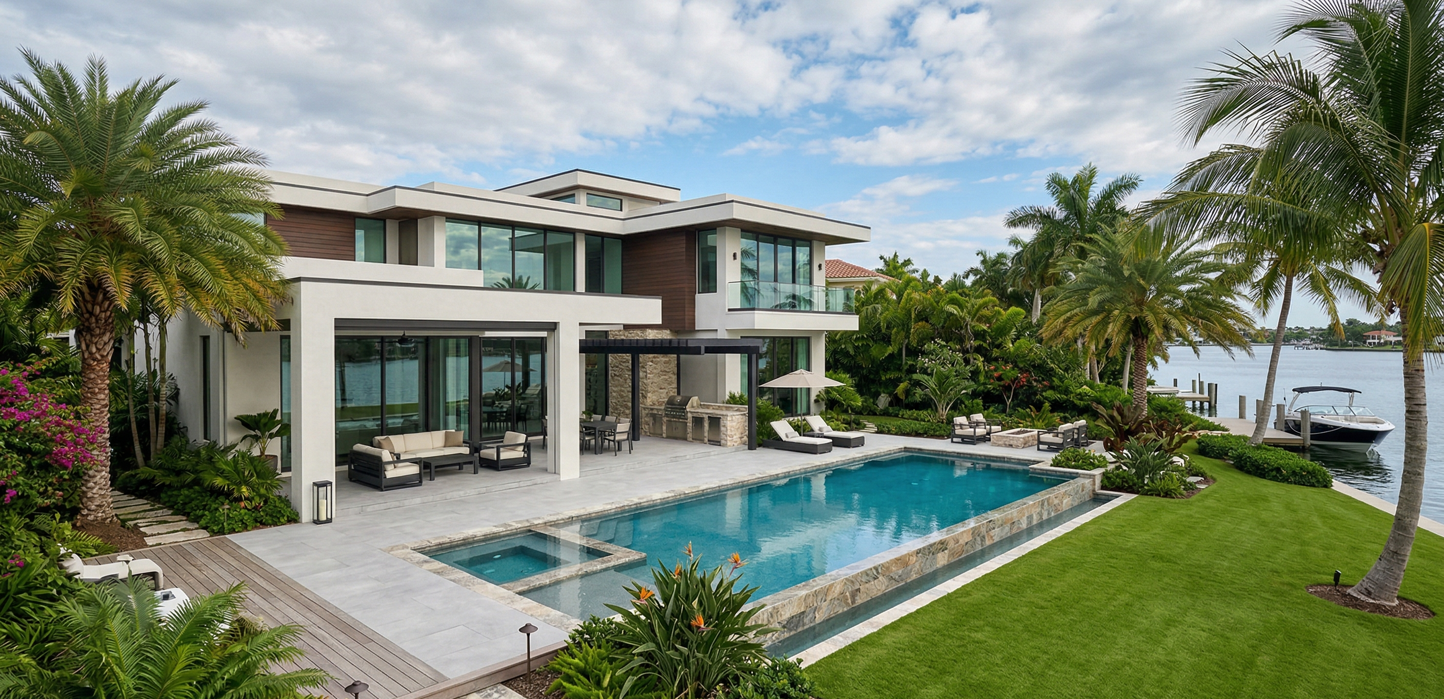 Modern outdoor estate with geometric pool and minimal hardscape