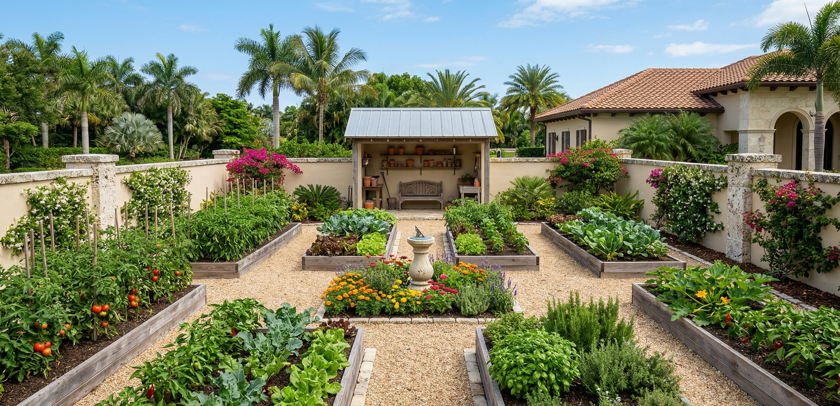 Outdoor garden room with canopy planting, stone path, and enclosed planting walls