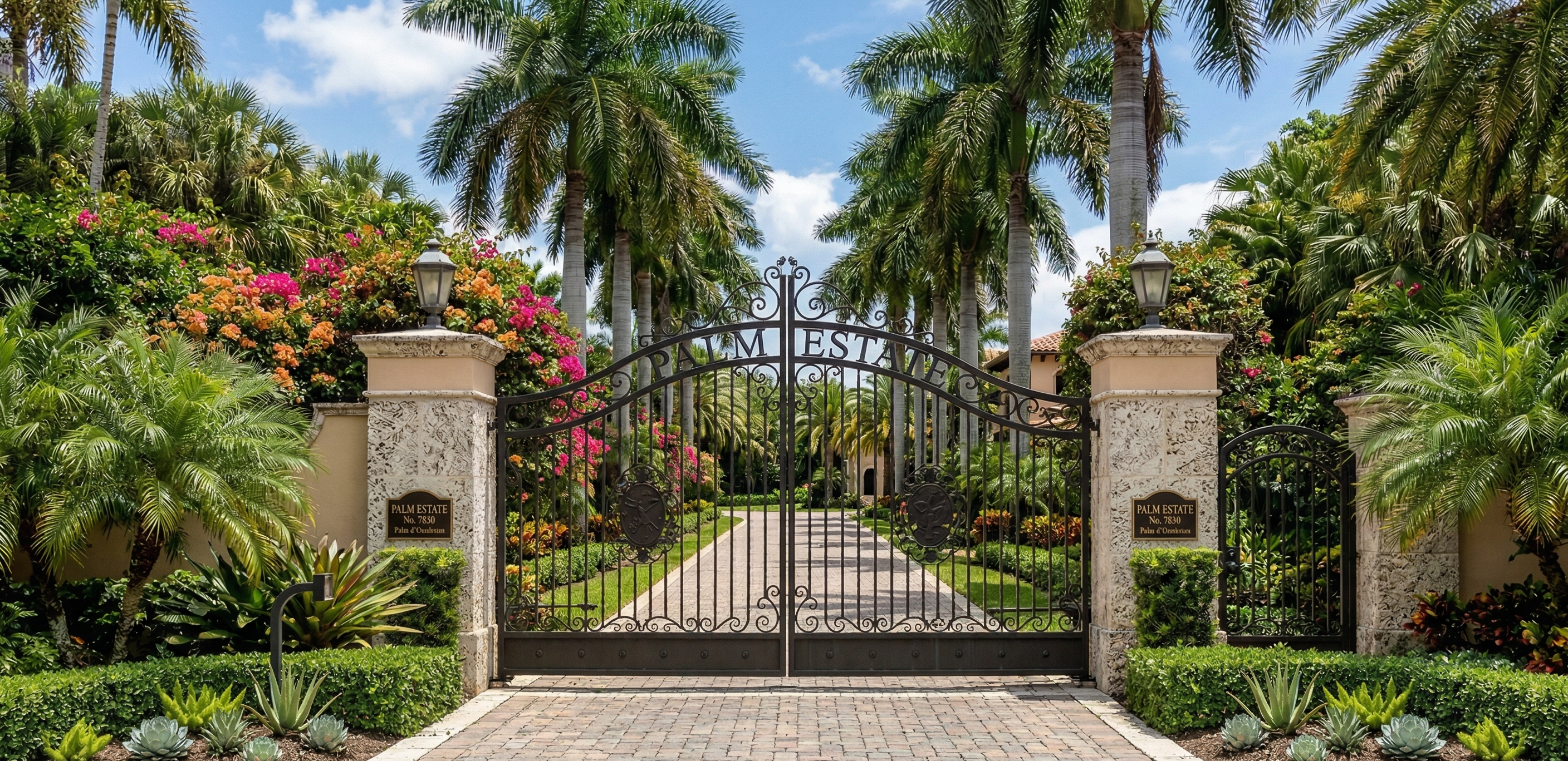 Naples estate gate entry with specimen Canary Island Date Palms and travertine driveway