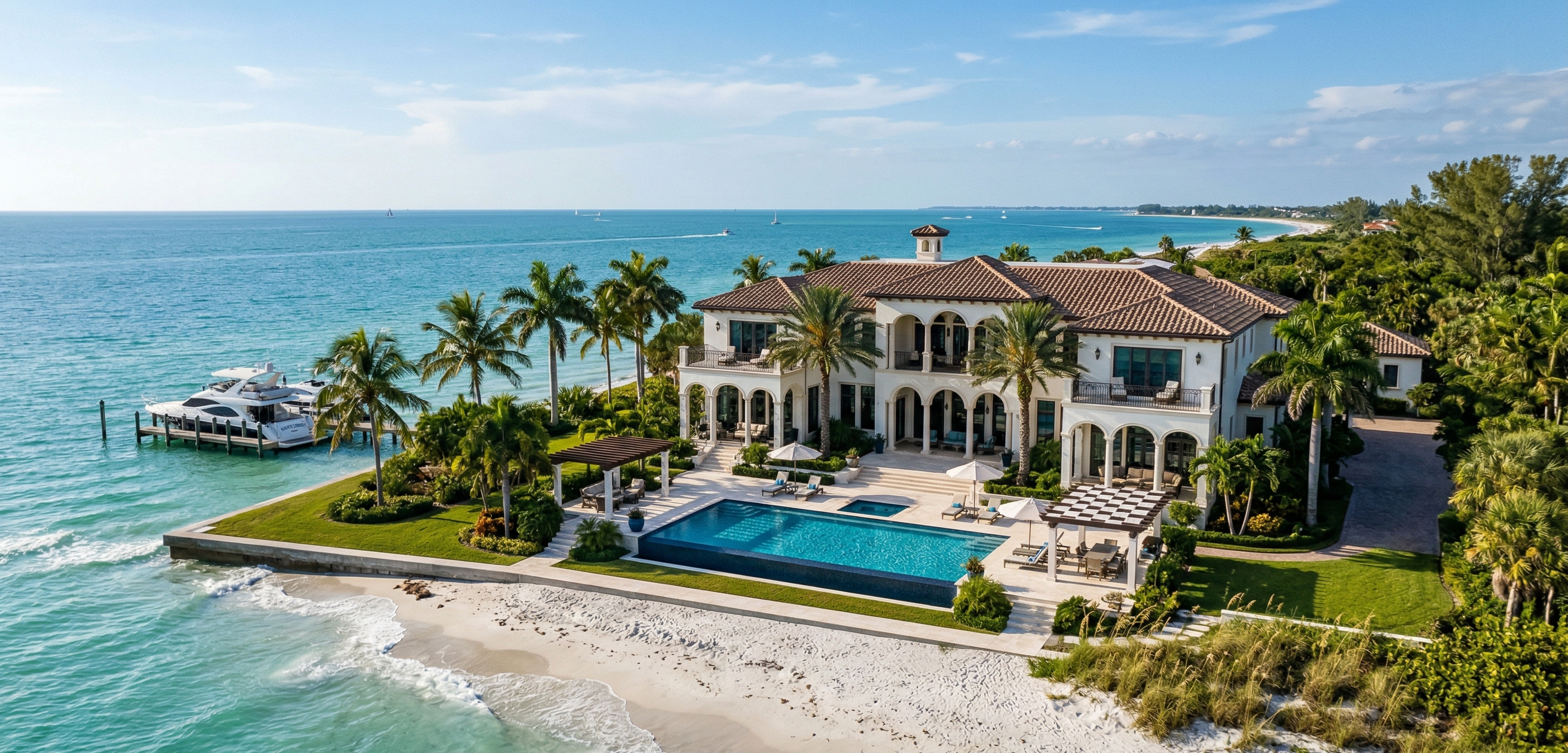 Coastal estate outdoor area with open sightlines to waterfront and native coastal planting