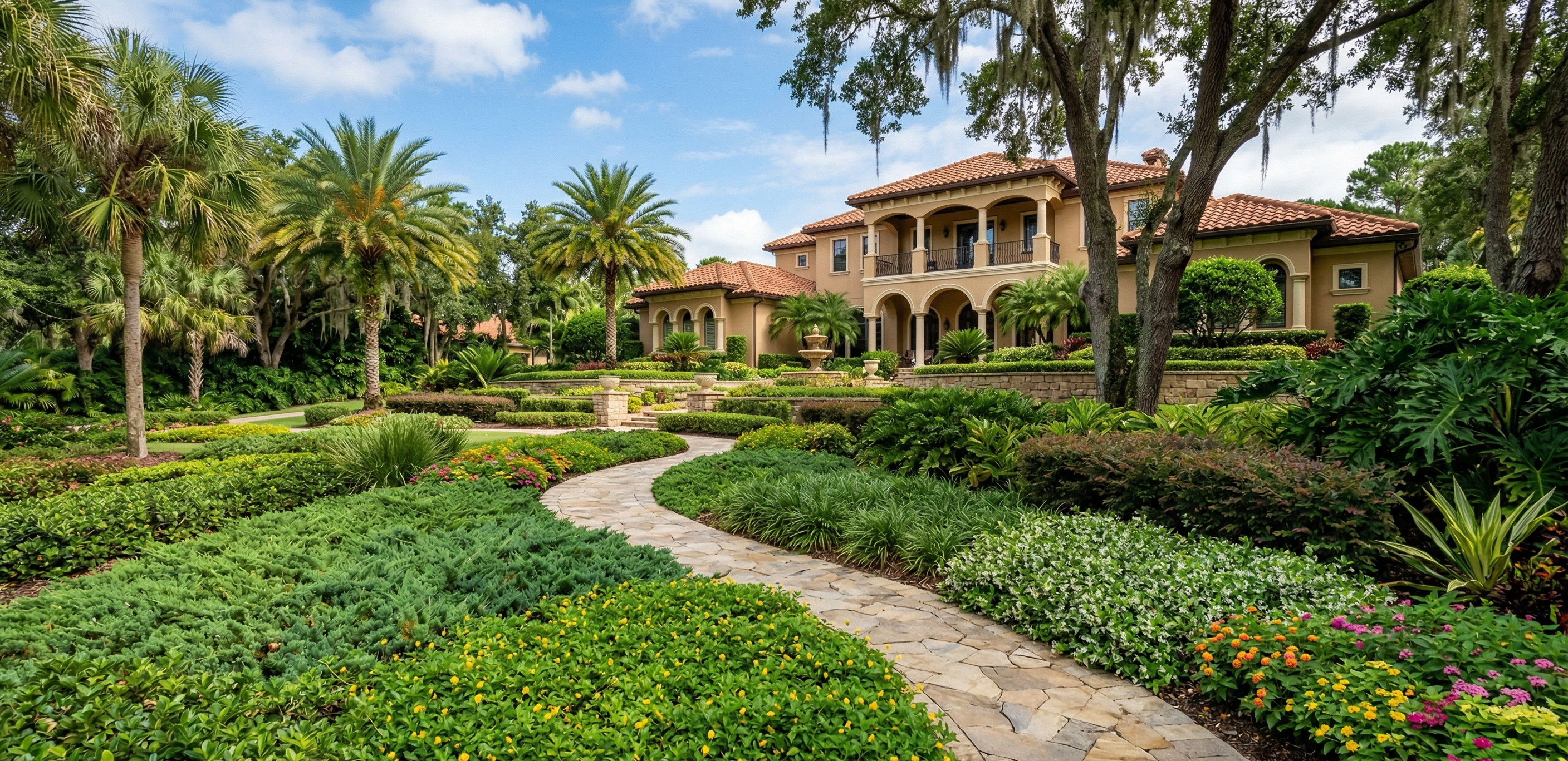 Palm trees and lush tropical ground cover in bright sunlight — the planted density estate landscapes achieve in Southwest Florida