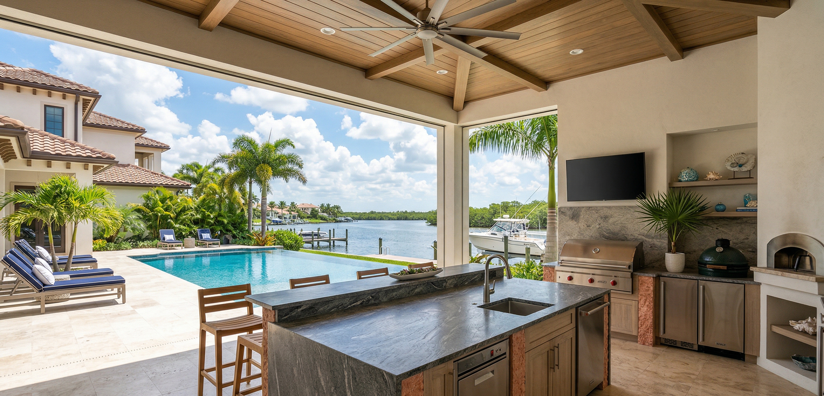 Coastal estate outdoor kitchen and pool deck with open pergola and waterfront view
