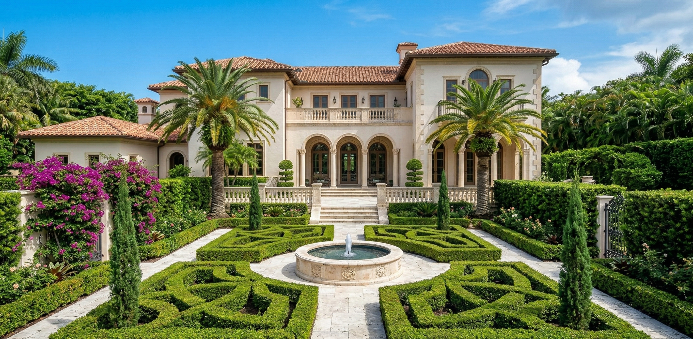 Formal parterre garden with clipped hedges and stone fountain at axis intersection