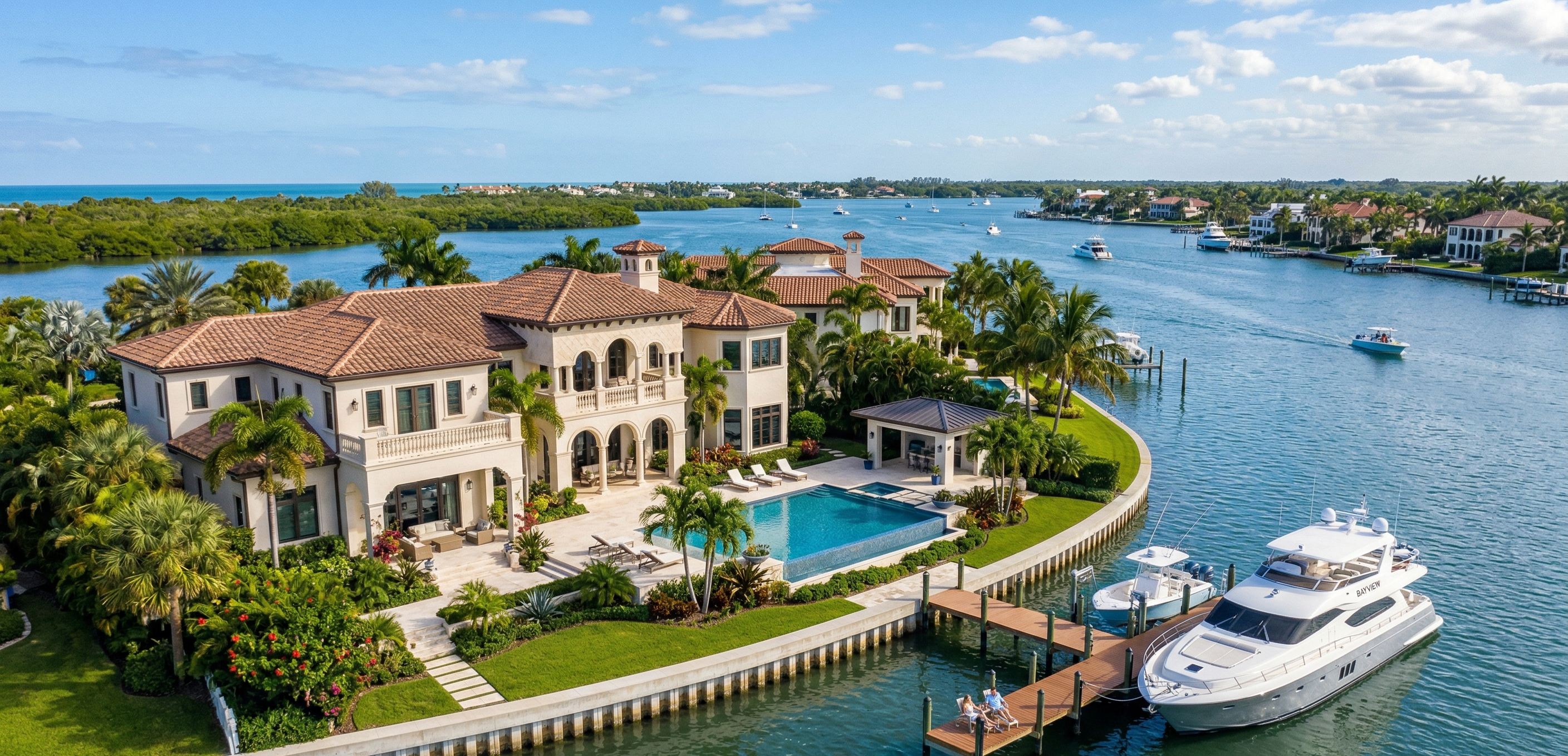 Naples waterfront estate dock and outdoor living area with native coastal planting
