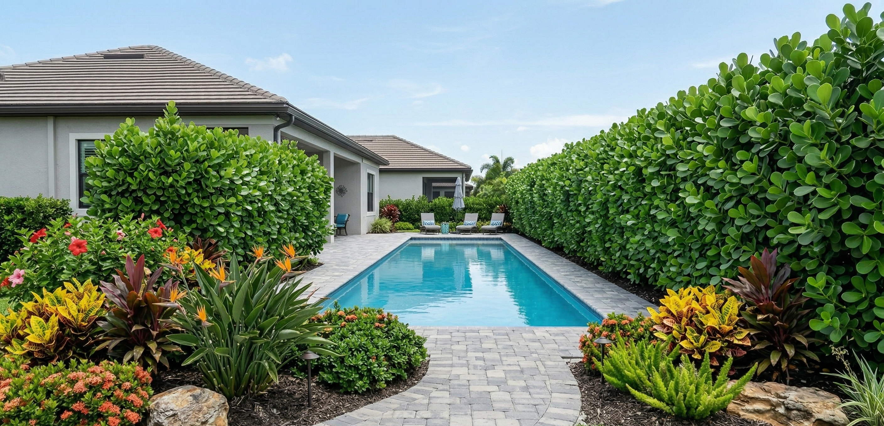 Estate outdoor privacy hedge layered planting creating enclosure around pool terrace