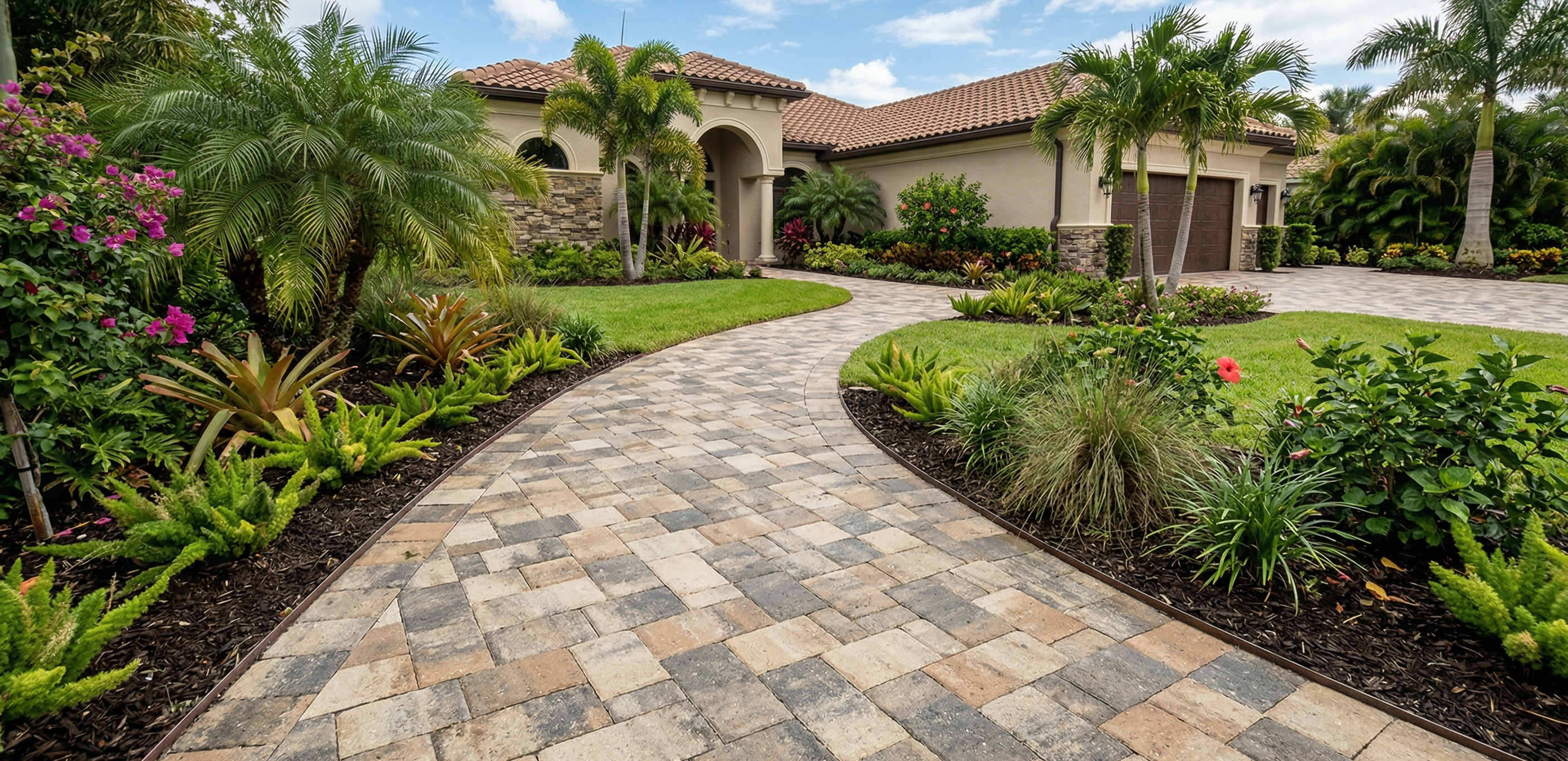 Natural stone paver pathway at luxury estate property — hardscape installation in Naples, FL