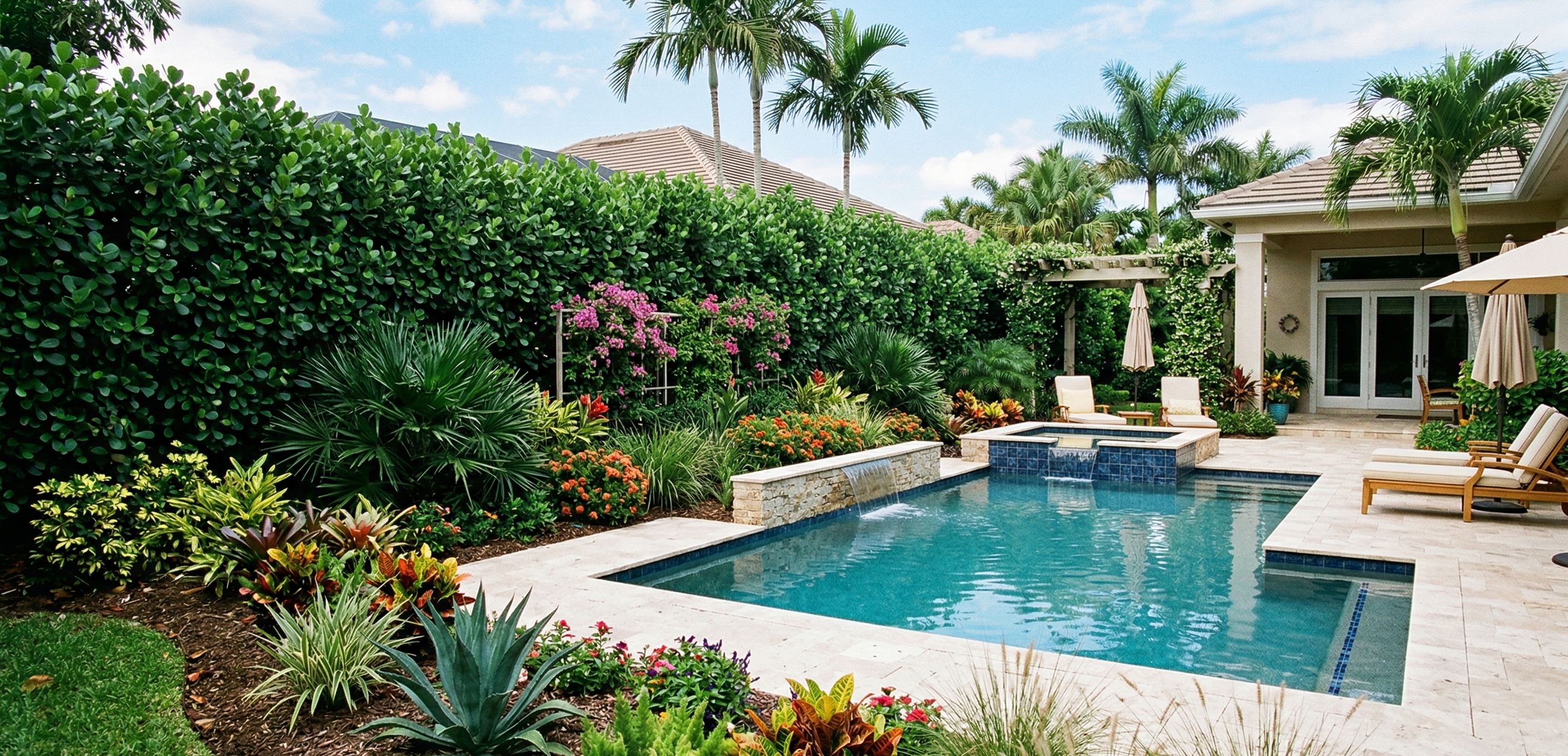 Estate outdoor terrace with layered privacy planting and screening design