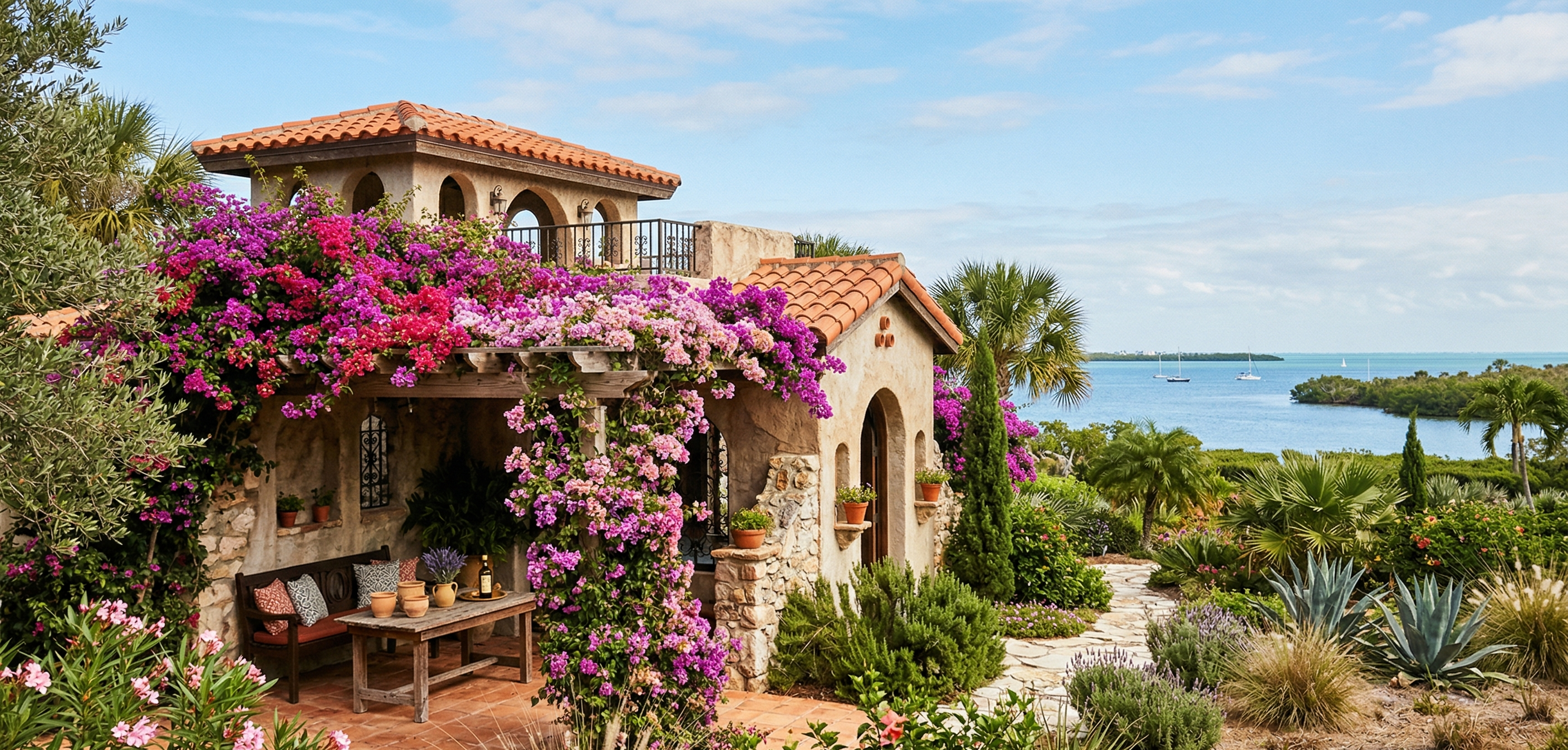 Mediterranean courtyard with stone fountain and formal symmetrical planting