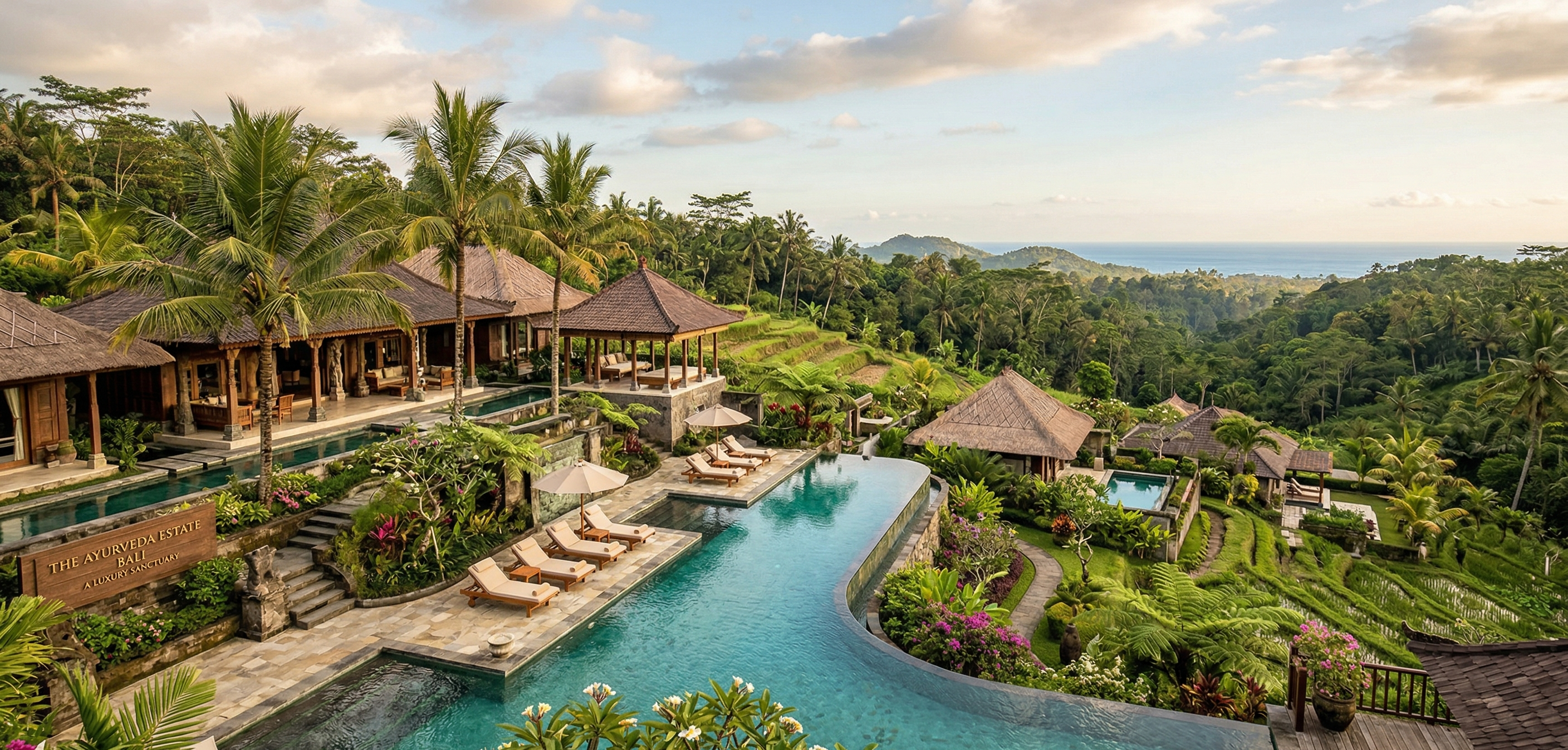 Tropical resort lagoon pool with Bismarck Palms and layered tropical planting
