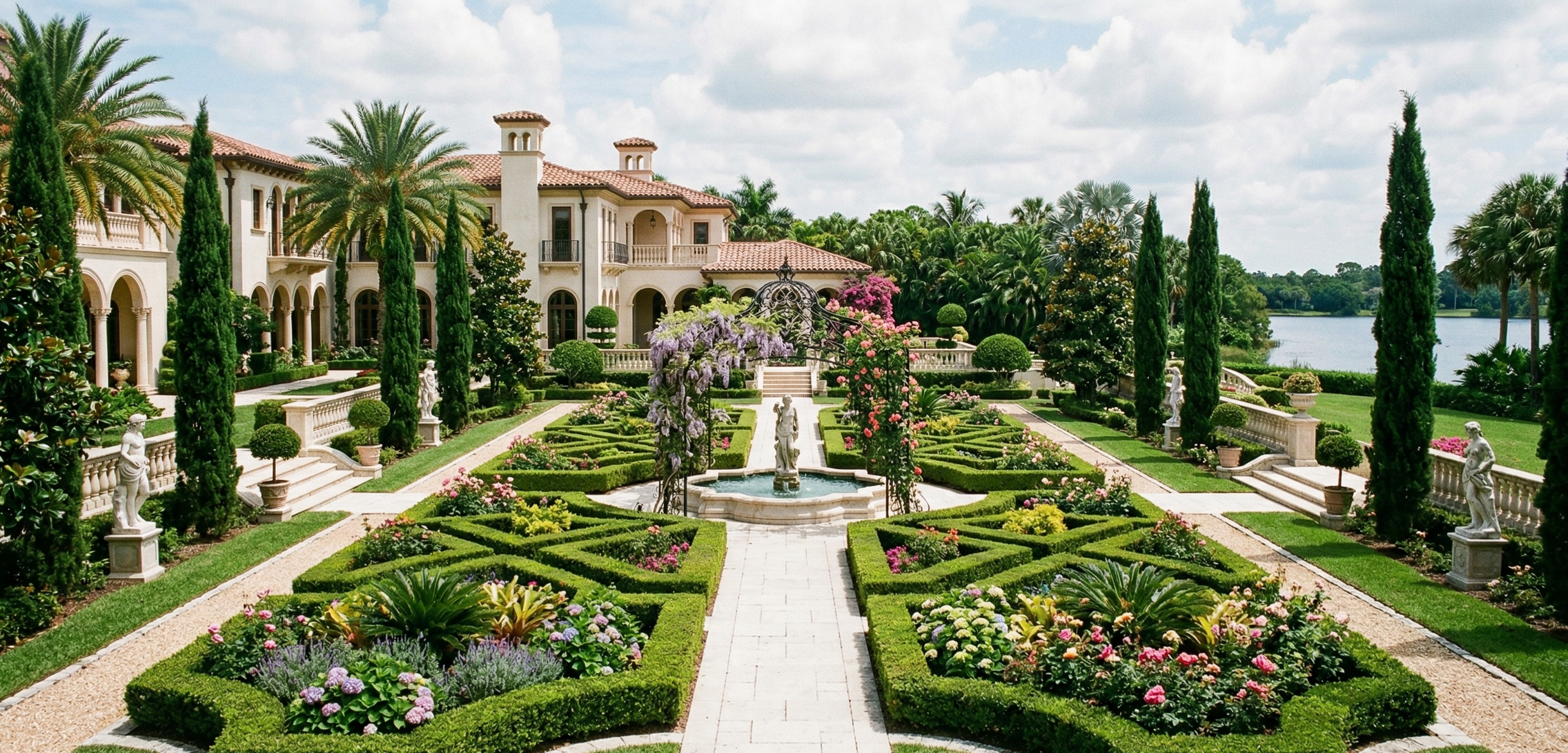 Formal estate garden with bilateral symmetry, clipped hedges, and stone pathway