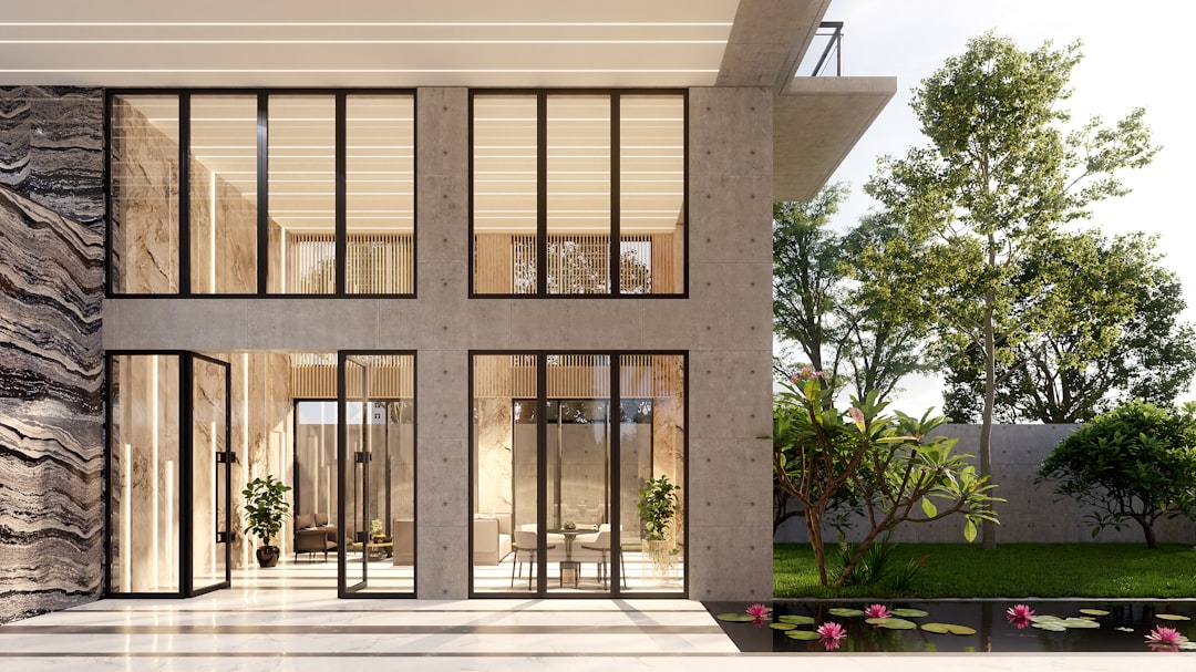 Zen garden water feature on luxury estate with natural stone