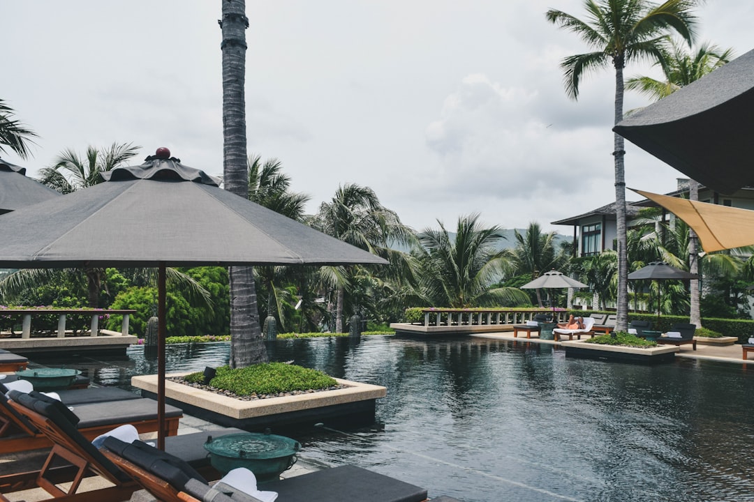 Lagoon-style resort pool with organic edges and tropical planting at estate scale